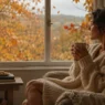 Una donna bionda sorridente e rilassata su un divano velluto crema tenendo una tazza di bevanda calda. Guarda fuori dalla grande finestra su un giardino autunnale con foglie cadenti. Sul tavolo accanto a lei sono visibili il libro 'THE ART OF SOFT LIVING', fichi freschi e una candela accesa.