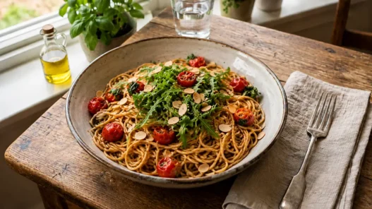 Un piatto appetitoso di spaghetti integrali conditi con pomodorini confit saltati in padella, rucola fresca e mandorle tostate, servito su un tavolo di legno.