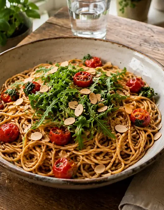 Un piatto appetitoso di spaghetti integrali conditi con pomodorini confit saltati in padella, rucola fresca e mandorle tostate, servito su un tavolo di legno.