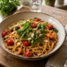Un piatto appetitoso di spaghetti integrali conditi con pomodorini confit saltati in padella, rucola fresca e mandorle tostate, servito su un tavolo di legno.