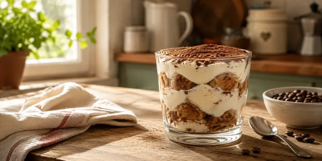 Una deliziosa porzione di tiramisù estivo al bicchiere, un dolce freddo senza uova e senza mascarpone spolverato di cacao amaro.