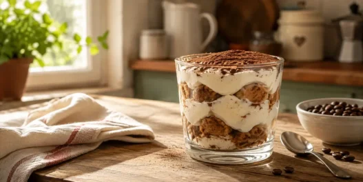 Una deliziosa porzione di tiramisù estivo al bicchiere, un dolce freddo senza uova e senza mascarpone spolverato di cacao amaro.