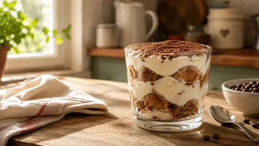 Una deliziosa porzione di tiramisù estivo al bicchiere, un dolce freddo senza uova e senza mascarpone spolverato di cacao amaro.
