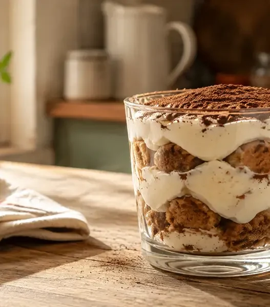Una deliziosa porzione di tiramisù estivo al bicchiere, un dolce freddo senza uova e senza mascarpone spolverato di cacao amaro.
