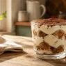 Una deliziosa porzione di tiramisù estivo al bicchiere, un dolce freddo senza uova e senza mascarpone spolverato di cacao amaro.