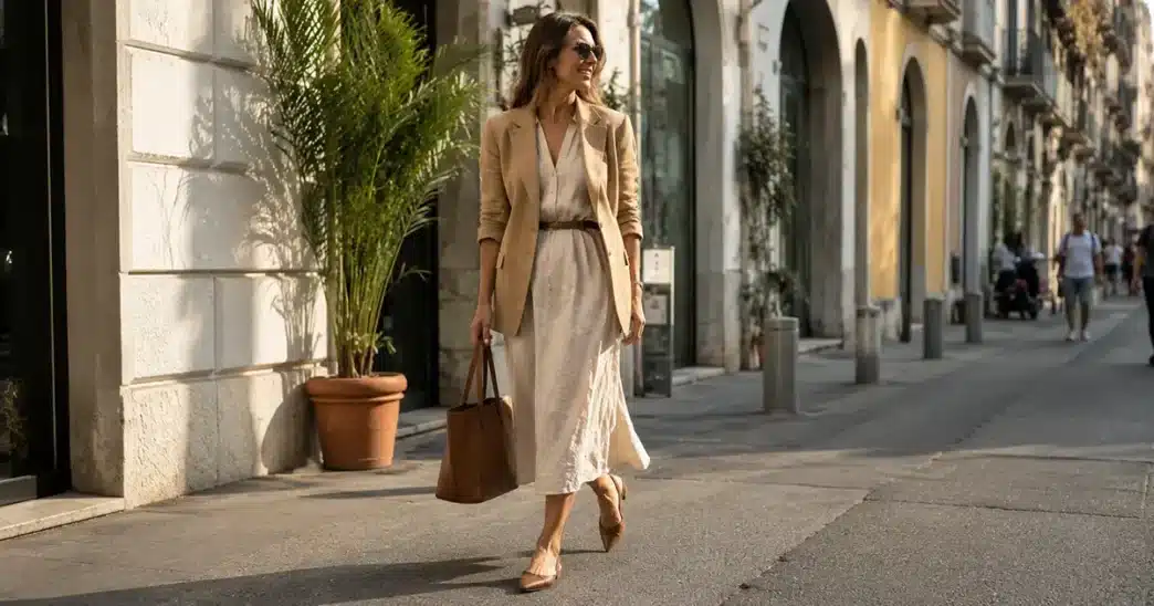 Donna che indossa un abito midi chiaro in lino abbinato a un blazer oversize e scarpe slingback per un look da ufficio a fine estate