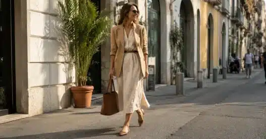 Donna che indossa un abito midi chiaro in lino abbinato a un blazer oversize e scarpe slingback per un look da ufficio a fine estate