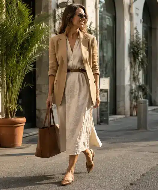 Donna che indossa un abito midi chiaro in lino abbinato a un blazer oversize e scarpe slingback per un look da ufficio a fine estate
