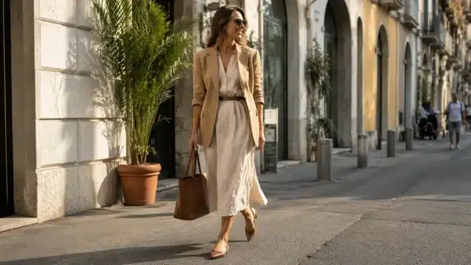 Donna che indossa un abito midi chiaro in lino abbinato a un blazer oversize e scarpe slingback per un look da ufficio a fine estate