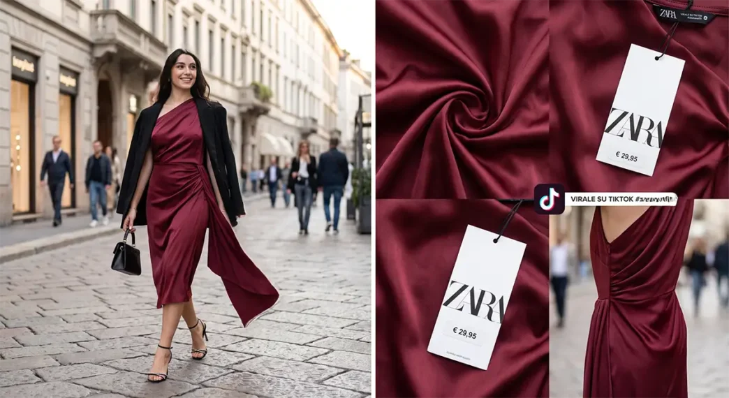 Ragazza indossa un abito elegante low cost di Zara color borgogna, il vestito virale su TikTok per le tendenze moda 2026.