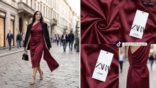 Ragazza indossa un abito elegante low cost di Zara color borgogna, il vestito virale su TikTok per le tendenze moda 2026.