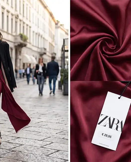 Ragazza indossa un abito elegante low cost di Zara color borgogna, il vestito virale su TikTok per le tendenze moda 2026.