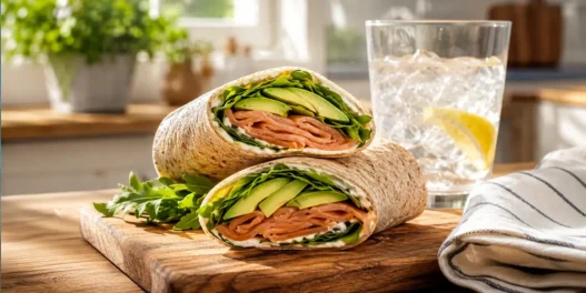 Un appetitoso wrap integrale tagliato a metà, ripieno di fette di salmone affumicato, morbido avocado e rucola fresca, servito su un tagliere di legno rustico.