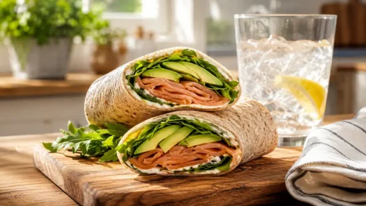 Un appetitoso wrap integrale tagliato a metà, ripieno di fette di salmone affumicato, morbido avocado e rucola fresca, servito su un tagliere di legno rustico.