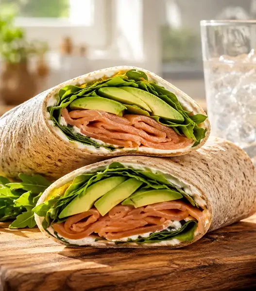 Un appetitoso wrap integrale tagliato a metà, ripieno di fette di salmone affumicato, morbido avocado e rucola fresca, servito su un tagliere di legno rustico.