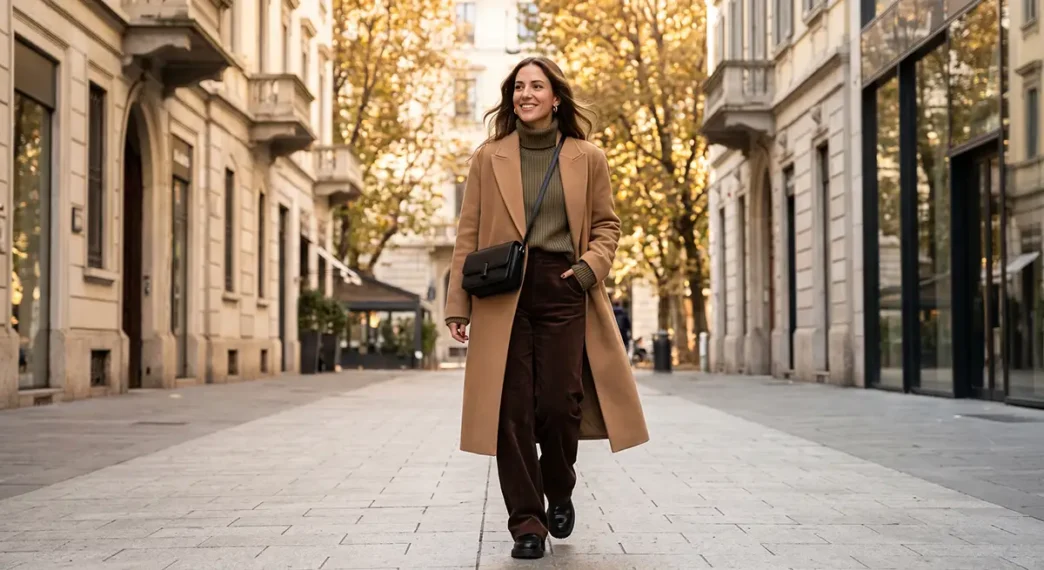 Outfit autunnale Zara con cappotto cammello oversized, dolcevita verde e pantaloni larghi.