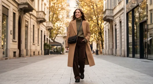Outfit autunnale Zara con cappotto cammello oversized, dolcevita verde e pantaloni larghi.