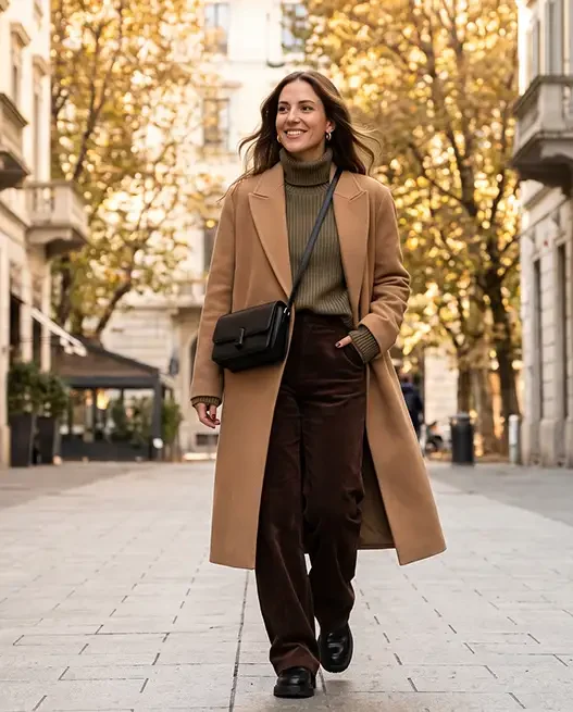 Outfit autunnale Zara con cappotto cammello oversized, dolcevita verde e pantaloni larghi.
