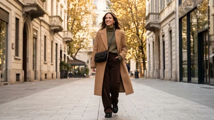Outfit autunnale Zara con cappotto cammello oversized, dolcevita verde e pantaloni larghi.
