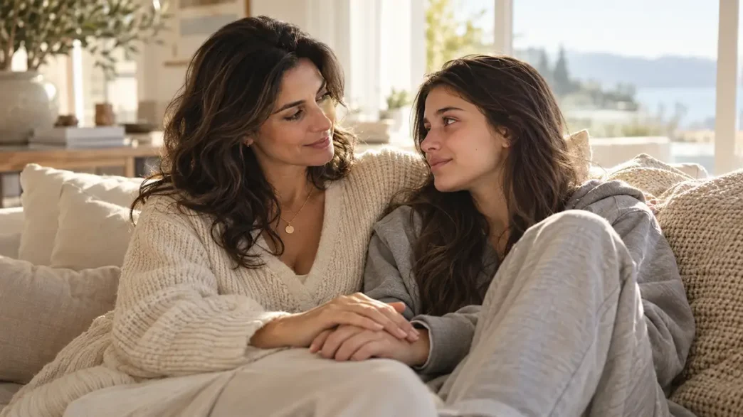 Madre affettuosa tiene la mano della figlia adolescente sul divano, simbolo di supporto psicologico e prevenzione dei disturbi alimentari.