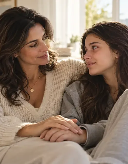 Madre affettuosa tiene la mano della figlia adolescente sul divano, simbolo di supporto psicologico e prevenzione dei disturbi alimentari.
