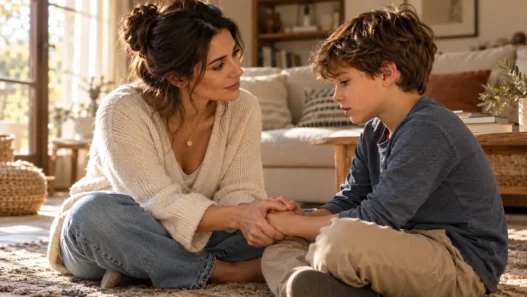 Madre e figlio bambino si parlano con dolcezza e serietà, simbolo dell'importanza dell'ascolto e dell'educazione emotiva per prevenire il bullismo.