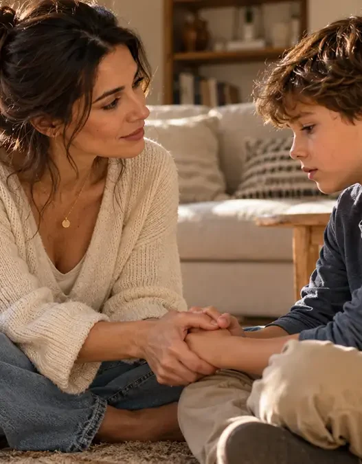 Madre e figlio bambino si parlano con dolcezza e serietà, simbolo dell'importanza dell'ascolto e dell'educazione emotiva per prevenire il bullismo.