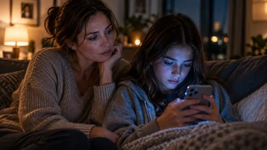 Madre preoccupata osserva la figlia adolescente concentrata sullo smartphone, simbolo della necessità di educazione digitale contro i pericoli dei social.