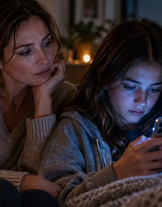 Madre preoccupata osserva la figlia adolescente concentrata sullo smartphone, simbolo della necessità di educazione digitale contro i pericoli dei social.