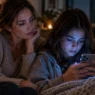 Madre preoccupata osserva la figlia adolescente concentrata sullo smartphone, simbolo della necessità di educazione digitale contro i pericoli dei social.