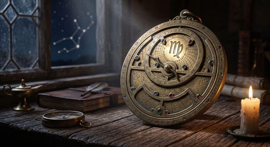 Astrolabio antico in ottone illuminato dalla luna che segna il segno zodiacale della Vergine per l'oroscopo del 3 settembre 2026.