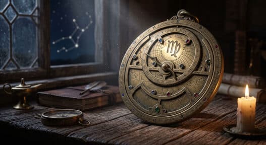 Astrolabio antico in ottone illuminato dalla luna che segna il segno zodiacale della Vergine per l'oroscopo del 3 settembre 2026.