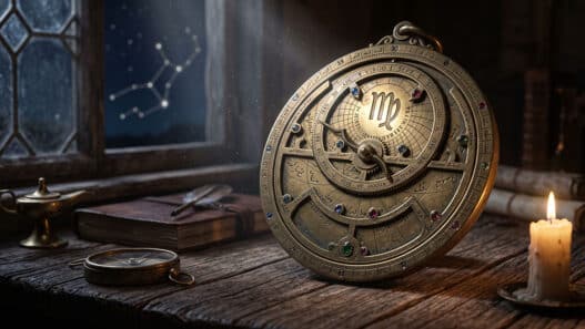 Astrolabio antico in ottone illuminato dalla luna che segna il segno zodiacale della Vergine per l'oroscopo del 3 settembre 2026.