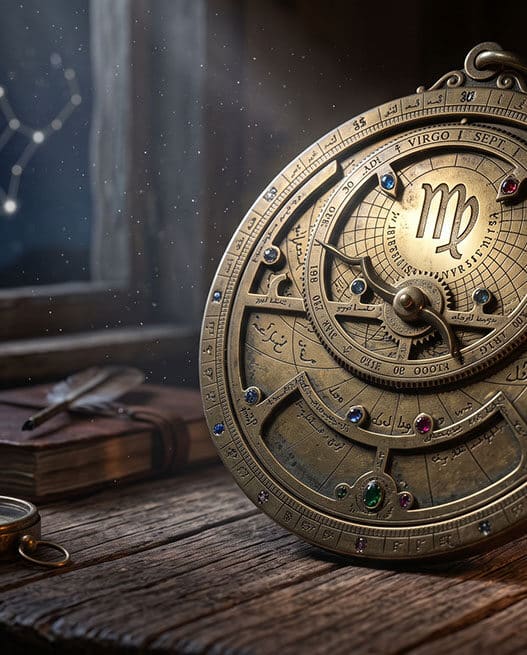 Astrolabio antico in ottone illuminato dalla luna che segna il segno zodiacale della Vergine per l'oroscopo del 3 settembre 2026.