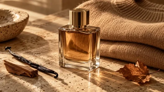 Boccetta di profumo minimalista accanto a un maglione di cachemire, a simboleggiare le fragranze calde e avvolgenti per la stagione fredda.