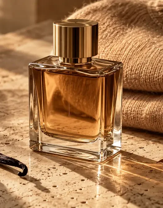 Boccetta di profumo minimalista accanto a un maglione di cachemire, a simboleggiare le fragranze calde e avvolgenti per la stagione fredda.