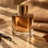 Boccetta di profumo minimalista accanto a un maglione di cachemire, a simboleggiare le fragranze calde e avvolgenti per la stagione fredda.