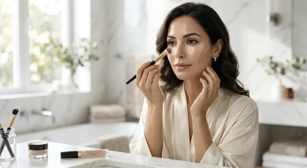 Donna elegante che applica il correttore occhiaie con un pennello di precisione, per un trucco viso impeccabile e luminoso.
