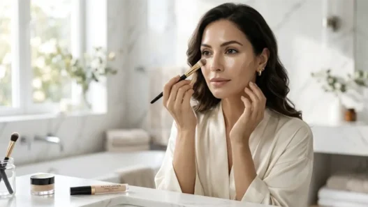 Donna elegante che applica il correttore occhiaie con un pennello di precisione, per un trucco viso impeccabile e luminoso.