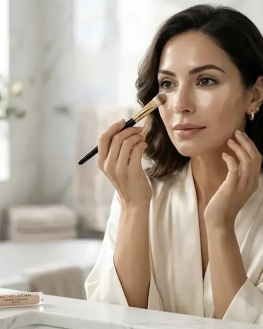 Donna elegante che applica il correttore occhiaie con un pennello di precisione, per un trucco viso impeccabile e luminoso.
