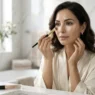 Donna elegante che applica il correttore occhiaie con un pennello di precisione, per un trucco viso impeccabile e luminoso.