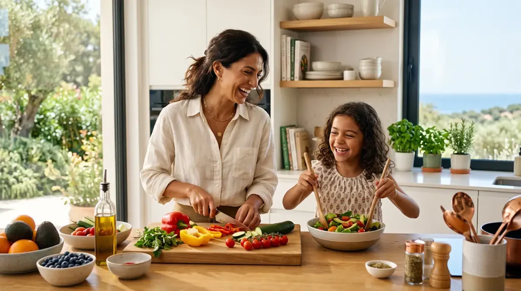 Madre e figlia di 10 anni sorridono mentre preparano insieme del cibo sano, simbolo di un'educazione alimentare positiva e benessere consapevole.