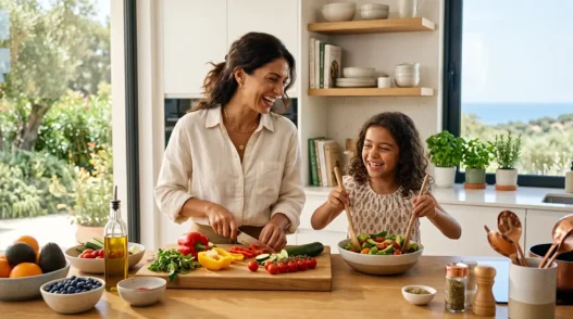 Madre e figlia di 10 anni sorridono mentre preparano insieme del cibo sano, simbolo di un'educazione alimentare positiva e benessere consapevole.