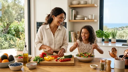 Madre e figlia di 10 anni sorridono mentre preparano insieme del cibo sano, simbolo di un'educazione alimentare positiva e benessere consapevole.