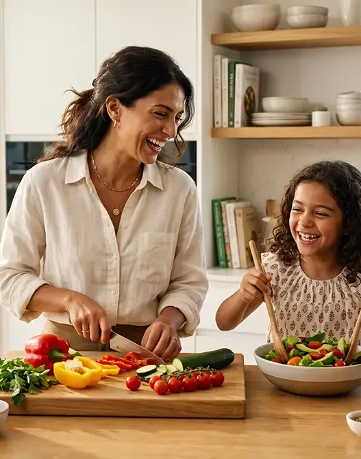 Madre e figlia di 10 anni sorridono mentre preparano insieme del cibo sano, simbolo di un'educazione alimentare positiva e benessere consapevole.