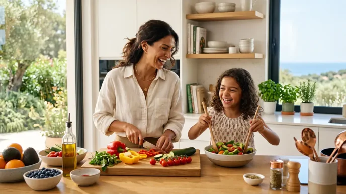 Madre e figlia di 10 anni sorridono mentre preparano insieme del cibo sano, simbolo di un'educazione alimentare positiva e benessere consapevole.