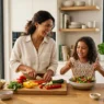 Madre e figlia di 10 anni sorridono mentre preparano insieme del cibo sano, simbolo di un'educazione alimentare positiva e benessere consapevole.