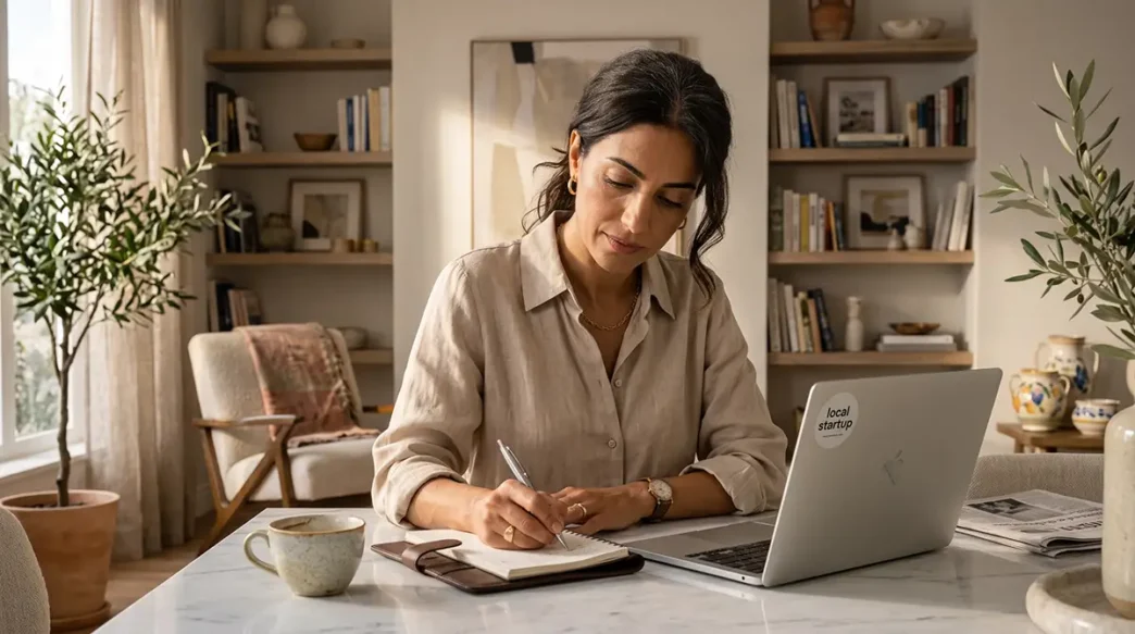 Una donna elegante e serena gestisce le proprie finanze al computer, simbolo dell'indipendenza economica femminile come forma di cura di sé.