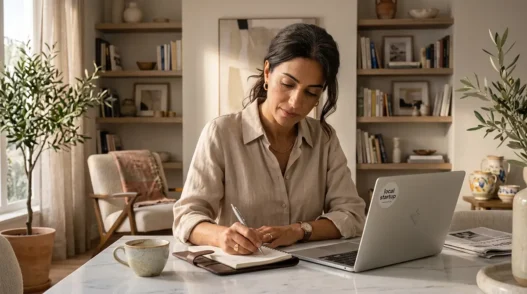 Una donna elegante e serena gestisce le proprie finanze al computer, simbolo dell'indipendenza economica femminile come forma di cura di sé.