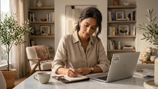 Una donna elegante e serena gestisce le proprie finanze al computer, simbolo dell'indipendenza economica femminile come forma di cura di sé.